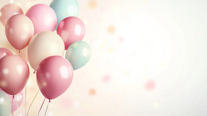 Colorful balloons in shades of pink and blue float against a soft pastel background, perfect for celebrating special occasions
