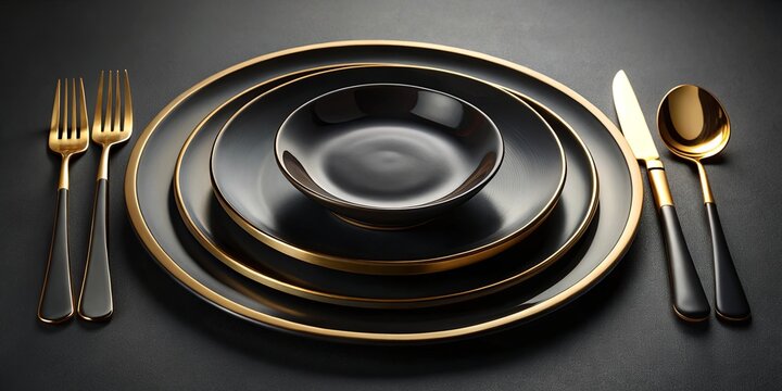 Elegant black and gold dinnerware set with gold fork and plates
