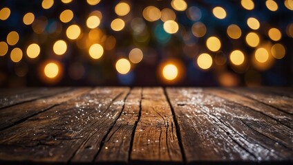 Rustic wood table in front of christmas light night, abstract circular bokeh background