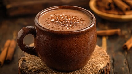 Authentic Mexican Champurrado Served in Rustic Clay Mug