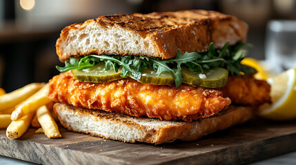 A gourmet fish finger sandwich, featuring crispy, golden-breaded fish fillets.