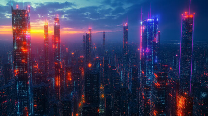 Fototapeta premium A cityscape with many tall buildings and neon lights