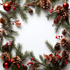 Fototapeta premium Christmas-themed decorations surrounding a white background, featuring festive elements like pine branches, ornaments, and holiday accents, creating a joyful, seasonal frame.