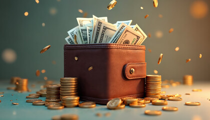 Golden Abundance: A leather wallet overflows with prosperity, surrounded by stacks of gleaming coins and a shower of golden confetti. 