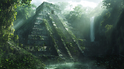 Fototapeta premium A hyper-realistic image of ancient Aztec civilization ruins, hidden deep within a lush, dense jungle