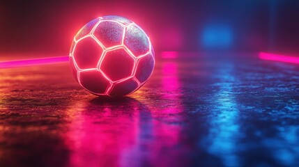 Naklejka premium 3D render of a neon soccer field at an angle, featuring a virtual pink and blue glowing football playground isolated on a black background.