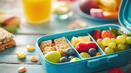 A child lunchbox with healthy snacks arranged inside, with space for text on the background or lid.