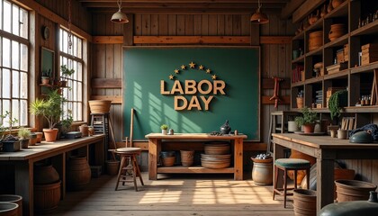 Fototapeta premium Rustic Labor Day design featuring a vintage workshop setup, perfect for advertisements.