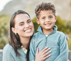 Family, hug and smile of mother with son in garden of home together for bonding, relax or weekend....