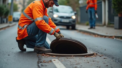 Construction worker handling manhole cover on urban street