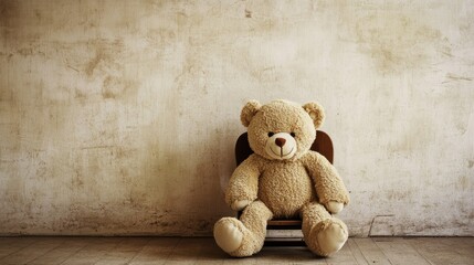 Obraz premium A child teddy bear sitting in a small chair, with space for text on the surrounding floor.