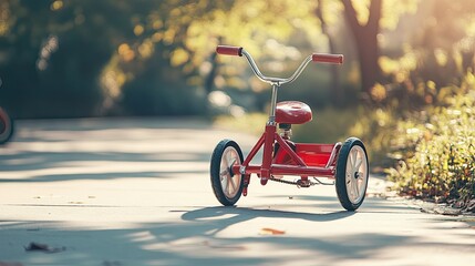 A child tricycle parked on a sunny sidewalk, with space for text on the clear pavement.