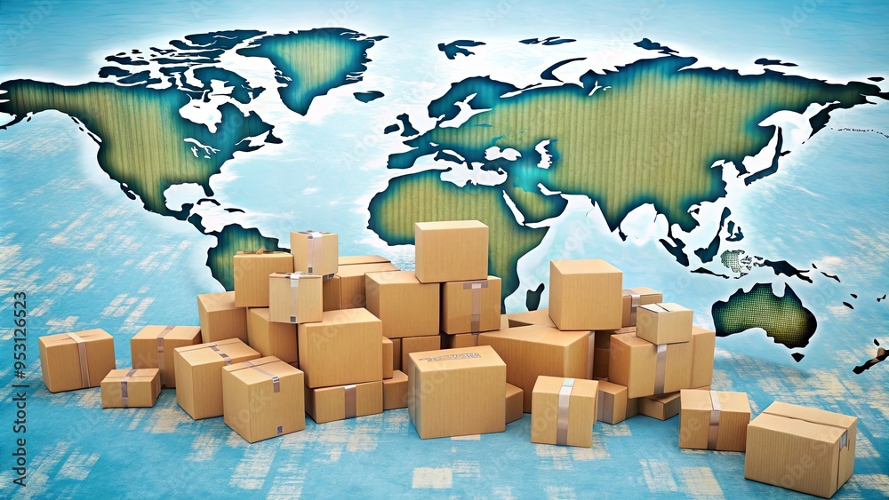 Wall mural cardboard boxes on world map representing global trade and supply chain management