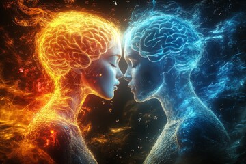 Futuristic digital illustration of two profiles with contrasting red and blue brains symbolizing the balance between opposing ideas