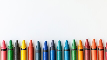 A collection of crayons neatly arranged by color, with space for text on the white background.