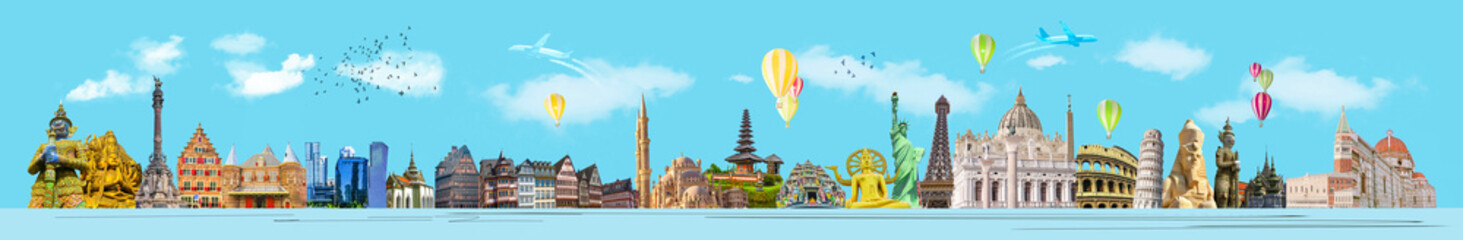 Obraz premium World landmarks and famous monuments collage isolated on panoramic blue background - 2D animation