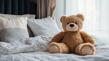 A soft, plush teddy bear sitting on a child bed, surrounded by pillows. Ample space for text on the bedspread.