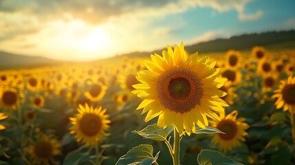 Blissful Field of Golden Sunflowers under Warm Sunlight Horizon