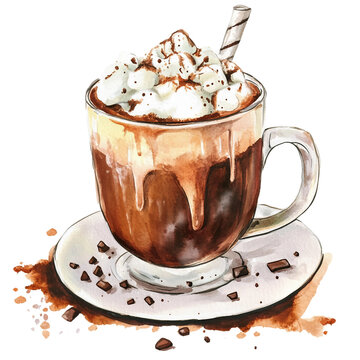 watercolor hot chocolate with marshmallows clip art preview