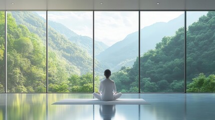 A serene meditation scene overlooking lush mountains through large glass windows, promoting peace and mindfulness.