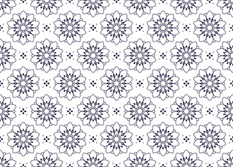 dark blue outline symbol floral on White background, ethnic fabric seamless pattern, design for cloth, carpet, batik, wallpaper, wrapping etc.