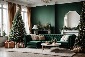 Stylish Christmas living room interior with green sofa, white chimney, Christmas tree and wreath, gifts, and decoration