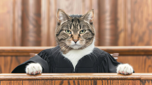 A cat dressed as a judge sitting in a courtroom, creating a humorous scene. Ideal for legal-themed content with a funny twist.