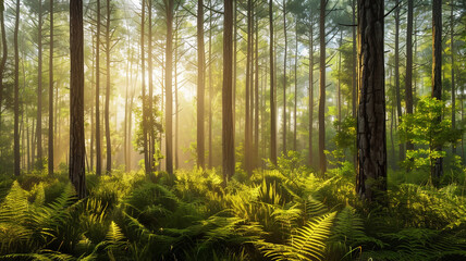a sun-dappled forest scene with tall trees and a forest floor covered in ferns