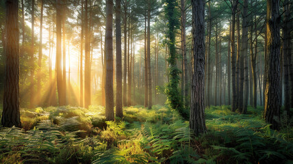 Obraz premium a sun-dappled forest scene with tall trees and a forest floor covered in ferns