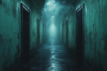 Obraz premium A chilling Halloween scene featuring a dark, eerie corridor with a haunting silhouette. Perfect for horror-themed events, graphics, or spooky decorations with copy space.