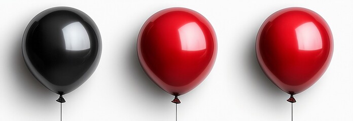 A trio of black, grey, and red balloons on a white background, ideal for Halloween celebrations or themed events, with copy space.