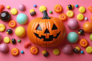 Vibrant Halloween flat lay featuring a carved pumpkin surrounded by colorful sweets, perfect for Halloween party invitations or promotional material with copy space.