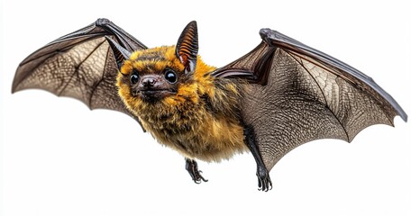 Fototapeta premium A detailed image of a bat in flight against a white background, perfect for Halloween-themed designs and marketing, with copy space.