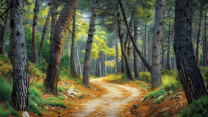 Obraz premium a tranquil forest path winding through a grove of tall, majestic pines