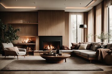 Stylish living room interior with beautiful fireplace