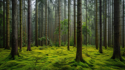 a tranquil forest with tall, slender trees and a carpet of soft moss