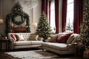 tylish living room interior with decorated Christmas tree and comfortable sofa