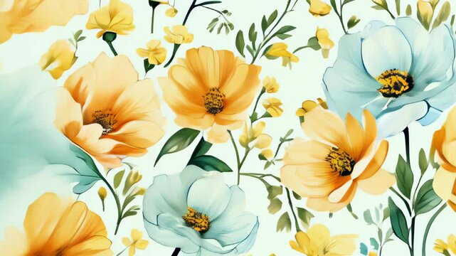 Colorful floral pattern featuring vibrant yellow and blue flowers with green leaves on a soft background