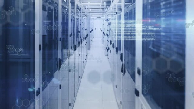 Hexagonal patterns and data streams animation over server racks in data center