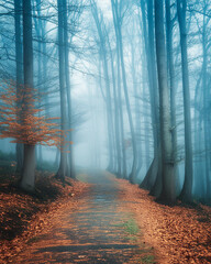 Obraz premium Autumn Pathway Through Misty Forest