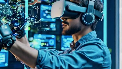 Computer Science Engineer in Virtual Reality Headset Using Controllers and Operating Robot Arm Under his Control. VFX Augmented Reality Icons Demonstrate Innovative Technologies Concept - Powered by Adobe