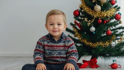 The little boy show on the white wall near the christmas tree