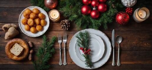 Top view background of beautiful Christmas table with delicious homemade food decorated with fir branches, copy space