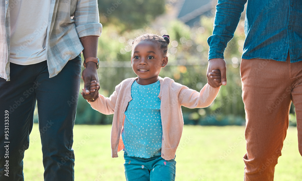 Poster Grandfather, holding hands and girl walking with dad in park for bonding, adventure and weekend fun. Grandparent, grandad and African kid with smile on field with safety, security and care in garden