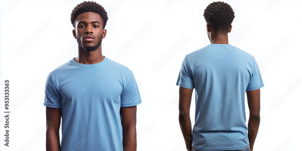 Sticker front and back view, african male model wearing plain blue t-shirt, mockup, isolated on white background, Ai generated images