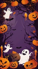 Spooky Halloween Ghosts and Pumpkins Vertical Background