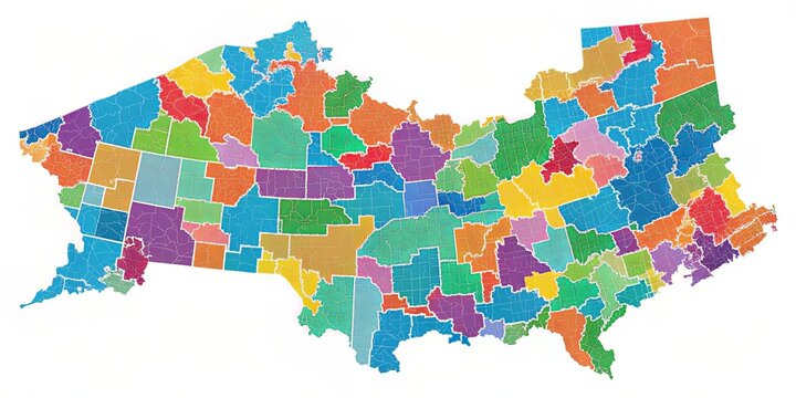 Conceptual stock photo of a confusing electoral district boundary map with fragmented territories and contorted lines