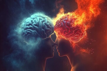 Neuroplasticity in love Abstract digital rendering of two brains clashing in a vibrant burst of color symbolizing the explosive exchange of ideas and conflicting thoughts