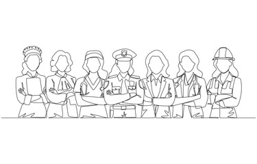 Continuous one line drawing of women from various professions standing in row with crossing arms on chests, woman empowerment, international women's day concept, single line art.