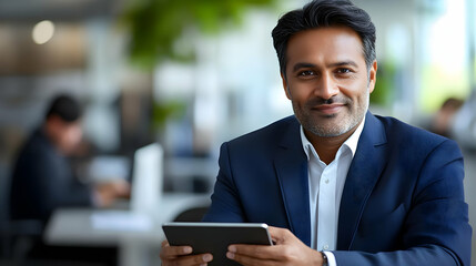 Confident Businessman Using Tablet in Modern Office